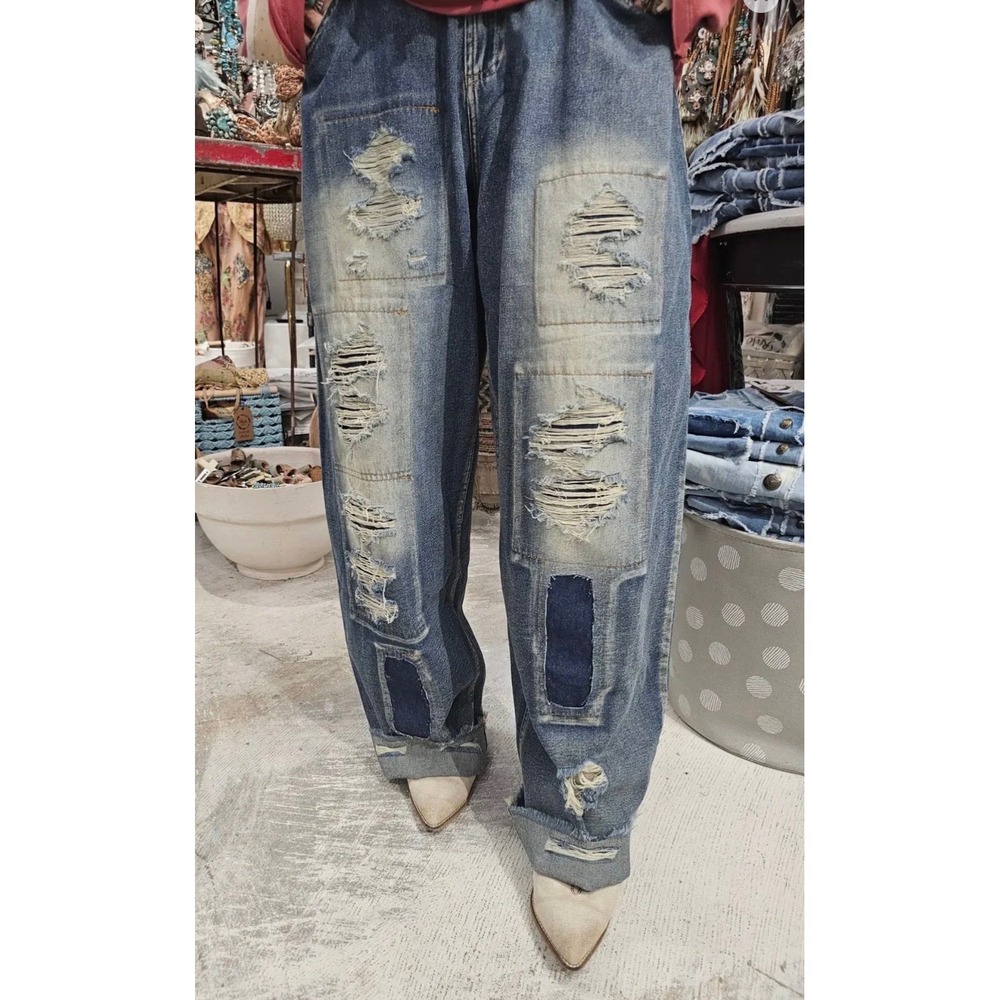 A Rare Bird Womens Distressed Patchwork Wide Leg Grunge Jeans Blue Denim XL NWT